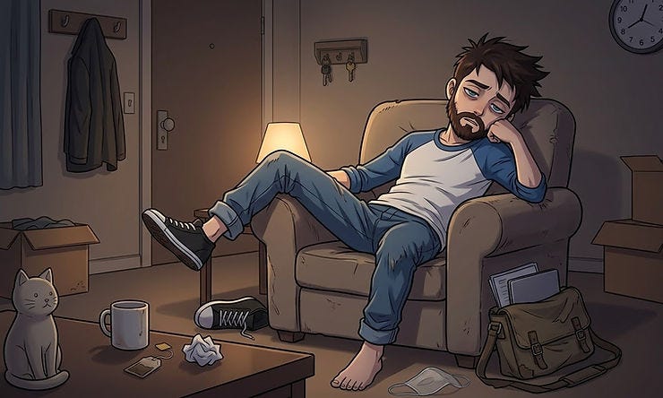 A tired man lounges in an armchair in a messy room, with a lamp, a cat, and scattered items like boxes and shoes. The mood is gloomy.