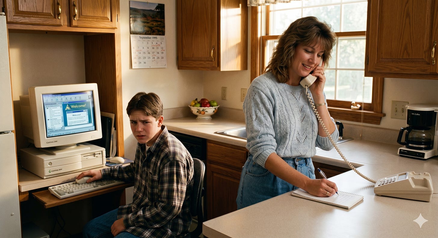 A teenager looks frustrated at a Gateway home computer in a 1995 kitchen, while his mother chats easily on a corded phone in the foreground
