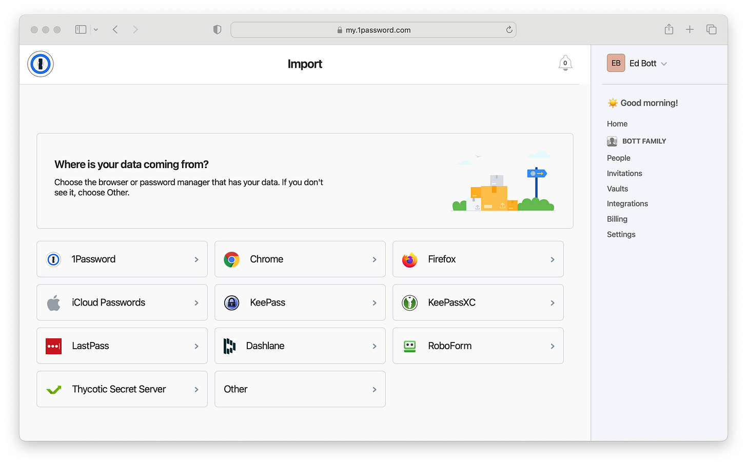 This screenshot shows the 1Password Import page in Apple Safari, with separate boxes for importing data from Chrome, Firefox, iCoud passwords, and other locations.