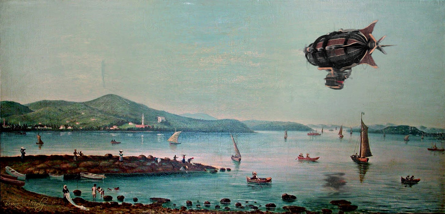 A imagem é uma pintura de uma paisagem costeira serena, com colinas verdes ao fundo e várias pequenas embarcações à vela e a remo espalhadas pelo mar calmo. Na margem, pessoas estão engajadas em atividades como pesca e caminhada. No céu, há um dirigível grande e escuro, contrastando com a cena bucólica abaixo, criando um elemento de fantasia ou ficção científica. A imagem é uma pintura de uma paisagem costeira serena, com colinas verdes ao fundo e várias pequenas embarcações à vela e a remo espalhadas pelo mar calmo. Na margem, pessoas estão engajadas em atividades como pesca e caminhada. No céu, há um dirigível grande e escuro, contrastando com a cena bucólica abaixo, criando um elemento de fantasia ou ficção científica.