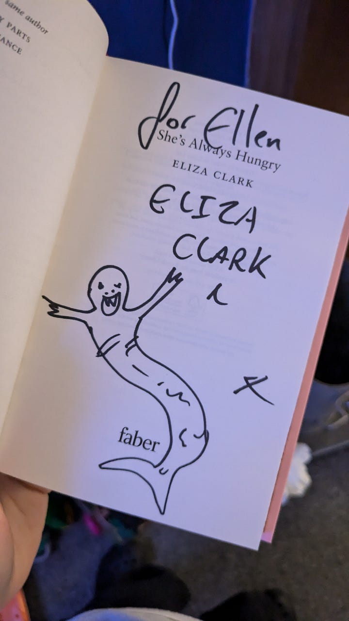 Outside cover and title page of She's Always Hungry signed by Eliza Clark