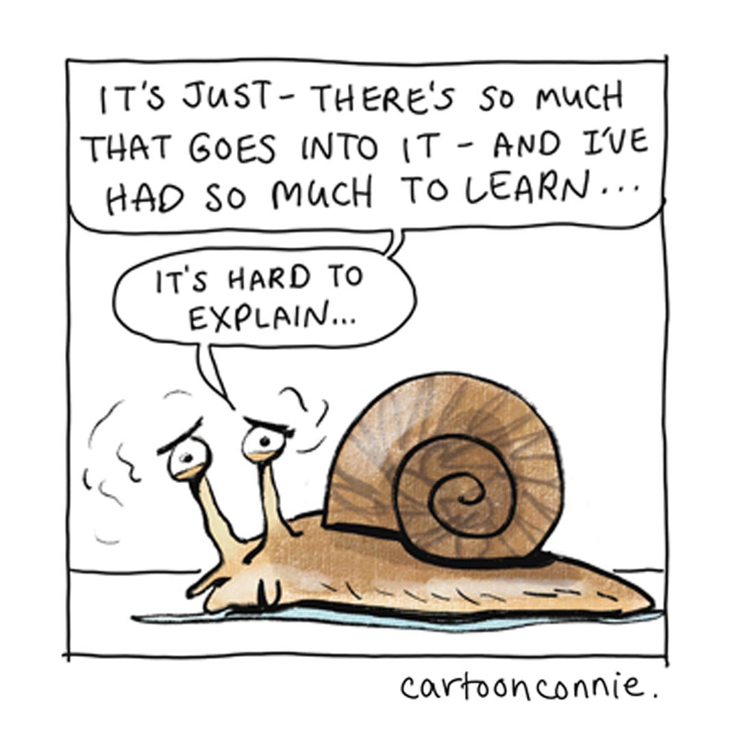 Panel 4 of a 6-panel autobio comic strip about the challenges of writing a book and how long and arduous the process can be. Titled "A Snail's Pace," 2026. Original art by Connie Sun, cartoonconnie.
