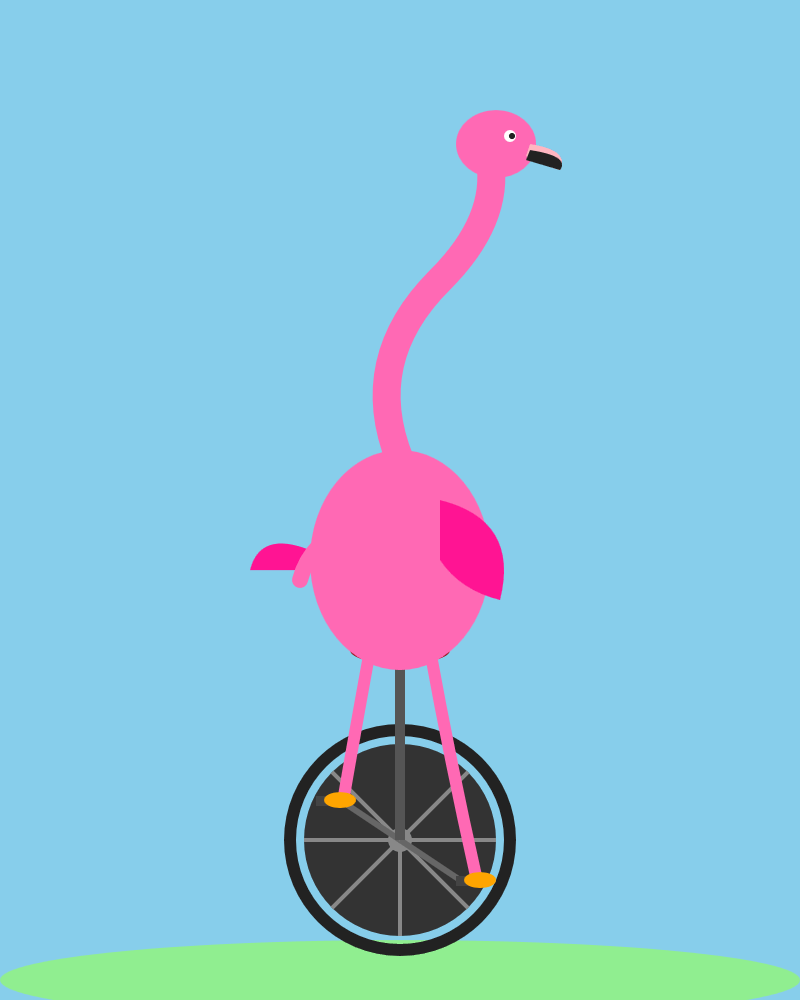 The unicycle has a black wheel. The flamingo is a competent if slightly dull vector illustration of a flamingo. It has no flair. The unicycle has a black wheel. The flamingo is a competent if slightly dull vector illustration of a flamingo. It has no flair.