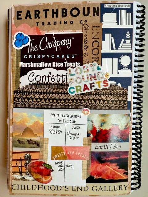 additional journaling pages. first page is a junk journaling collage from our trip to Olympia, Washington. The next page is the weekly spread where I list the books I am listening to and reading with my eyes, gratitude, creative endeavors, and things I am curious about. It also has junk journaling collages from that specific week. This week has a receipt from the river parking meter, a strathmore logo from a notebook my mom sent me, packaging stickers with a cat from mochibujo, and a sticker from Cup of Tea. The third page is a wall of text from my Mother Mary Oracle and Mary Magdalene Oracle and the Sacred Creators Oracle. The final page is a daily tracker where I write my tarot messages from the ancestors. This month had stickers of hibiscus and a mama and baby monkey together.