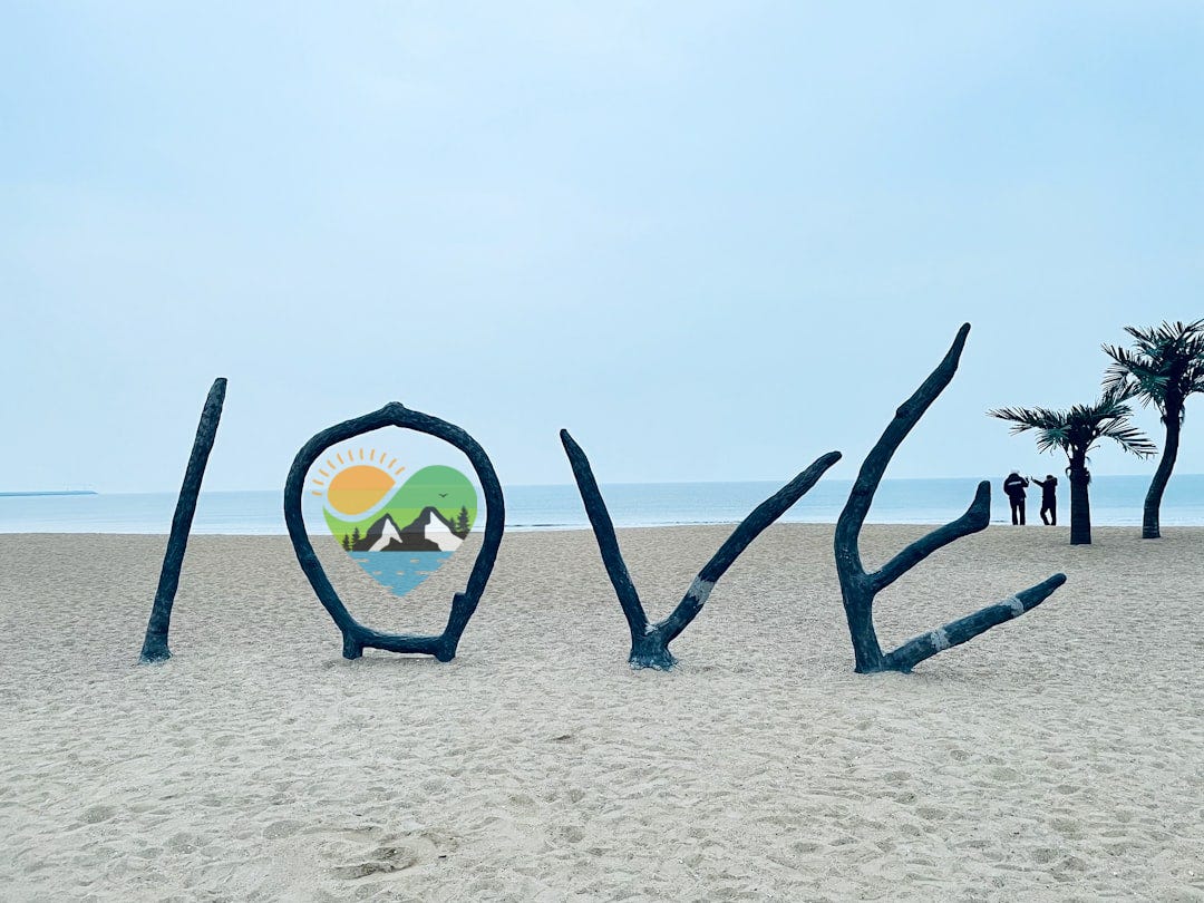 The word love spelled with driftwood on a sandy beach.