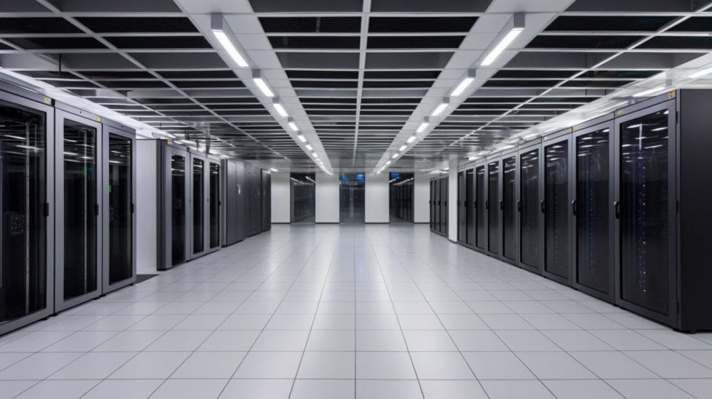 White Space in a Data Center with Server Racks and Bright Lighting