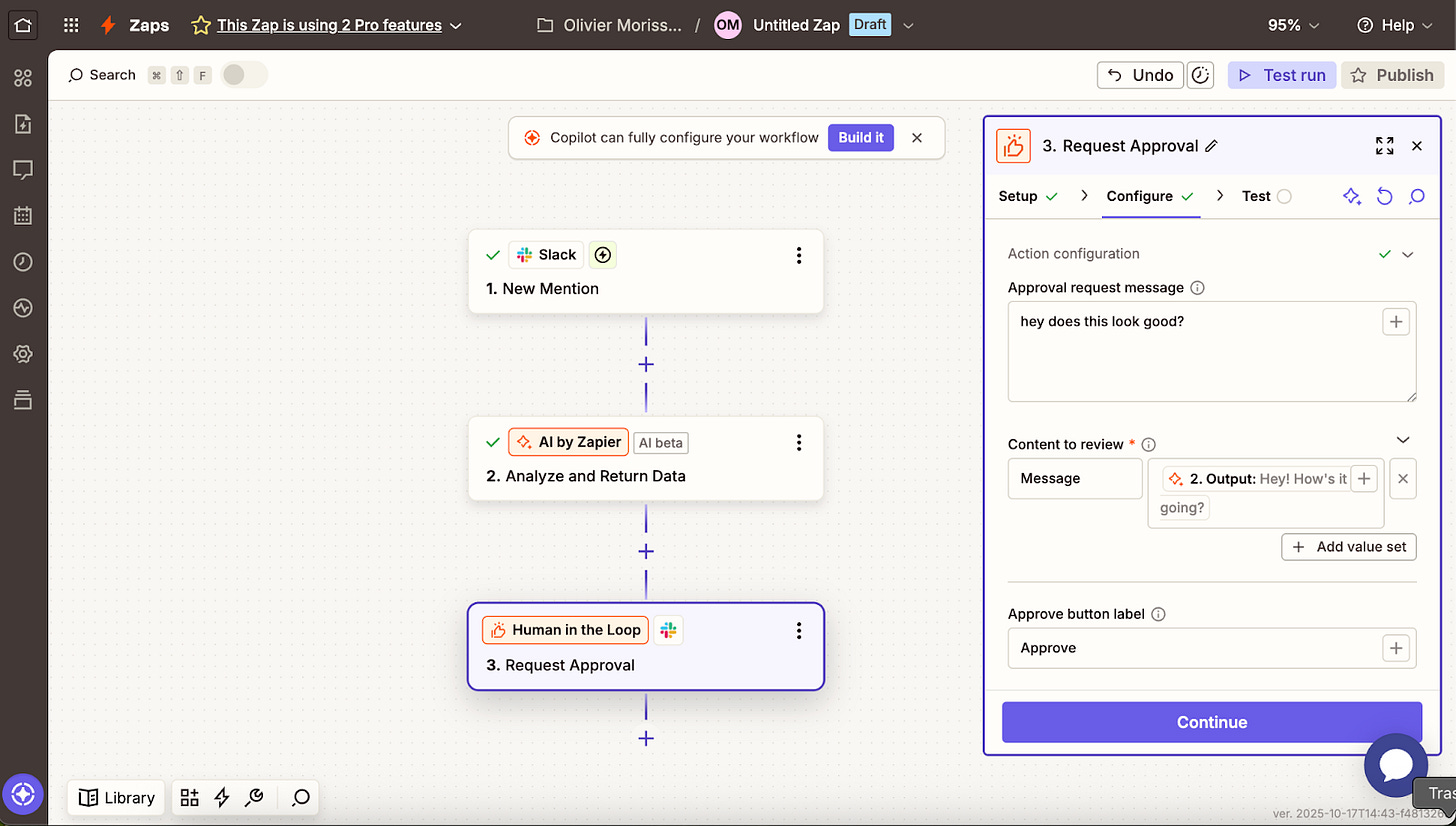 Human-in-the-loop review example from Zapier