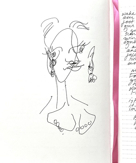 9 self portraits made as blind contour drawings, black ink on white paper, with faces askew; in one, the chin is shifted to the left so it looks like there's only half, in another the neck intersects with the chin in a way that it looks like a chin hair; in a third, the hair is completely off the head and instead is like a curtain in front of the face. They're cubist, cartoonish, strange and somehow beautiful