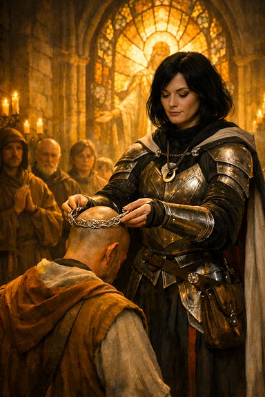Clarion naming Atan as the Abbot of St. Markovia inside the restored Abbey, Clarion with deep black hair framing her face like a shadowed halo, silver‑and‑obsidian cleric’s armor catching golden stained‑glass light, Clarion lowering a silver circlet onto Atan’s bowed head, Atan in humble healer’s robes, monks and villagers watching in reverent silence Clarion naming Atan as the Abbot of St. Markovia inside the restored Abbey, Clarion with deep black hair framing her face like a shadowed halo, silver‑and‑obsidian cleric’s armor catching golden stained‑glass light, Clarion lowering a silver circlet onto Atan’s bowed head, Atan in humble healer’s robes, monks and villagers watching in reverent silence