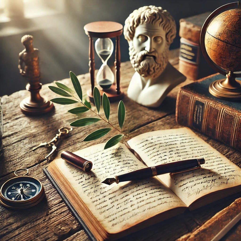 An open journal with handwritten notes and a fountain pen resting on its pages, placed on a rustic wooden table with soft morning light filtering in. Around it, symbols of philosophy and wisdom: a small bust of Aristotle, a compass, and a sprig of olive leaves. The background is blurred, suggesting a cozy, thoughtful study space. The style is elegant, warm, and minimalist, evoking contemplation and intellectual curiosity.