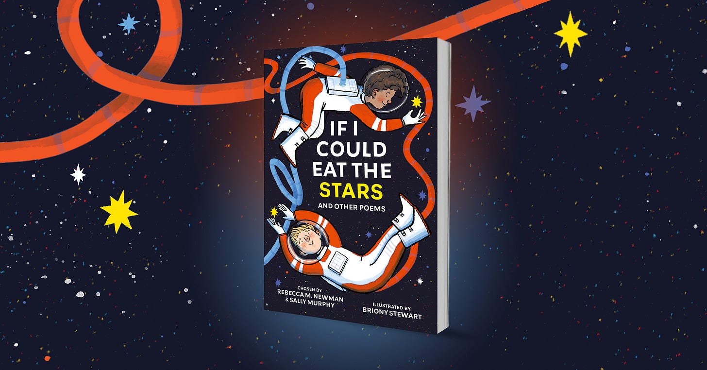 The cover of a children's poetry anthology: If I could eat the stars and other poems. The book appears to be floating in outer space surrounded by stars. 