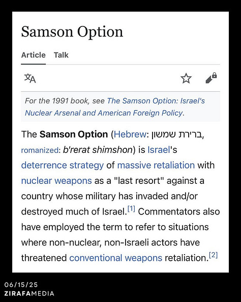 A gallery of images allegedly leaked from Israeli intelligence files, detailing the “Samson Option” nuclear doctrine. The images include Hebrew-language target lists with yield estimates (100–400 kilotons), naming global cities such as Tehran, Mashhad, New York, Washington DC, Los Angeles, NORAD, Moscow, Beijing, Paris, and Berlin. Highlighted text excerpts explain the doctrine’s logic of mass retaliation, framing the nuclear arsenal as a weapon of global extinction should Israel collapse. The documents reveal strategic targets, delivery methods (e.g., Jericho 3 missiles), and the doctrine’s ideological justification invoking Holocaust trauma.