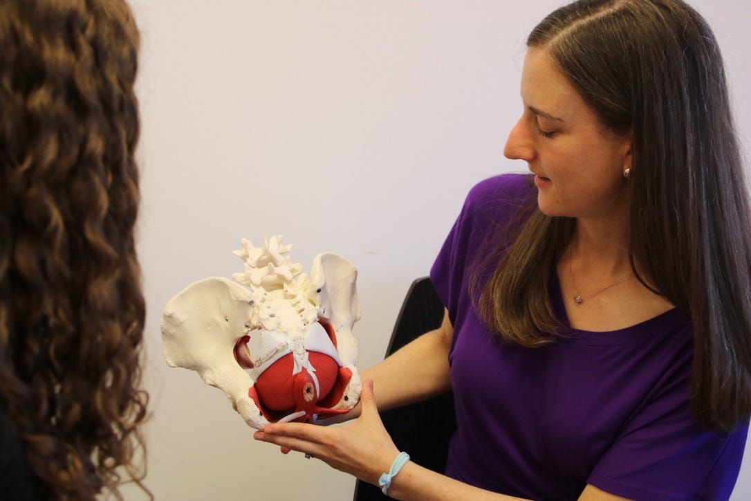 Dr. Loni Hersh holding an anatomical pelvis model to show a patient where the pelvic floor sits Dr. Loni Hersh holding an anatomical pelvis model to show a patient where the pelvic floor sits