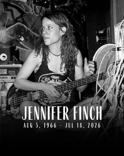 Jennifer Finch, bassist for the band L7, has passed away 💔 "We are  devastated to announce the death of our partner, sister, daughter, and  friend Jennifer Precious Finch. Jennifer's impact on the
