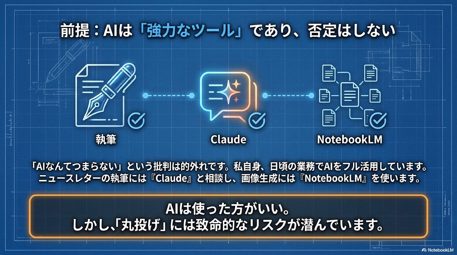 「前提:AIは『強力なツール』であり、否定はしない」と題した図解。設計図風の青背景に、3つのアイコンが横並びに配置され、それぞれにチェックマークが付いている。「執筆」(ペンと書類のアイコン)、「Claude」(吹き出しのアイコン)、「NotebookLM」(複数の書類のアイコン)。下部に説明「『AIなんてつまらない』という批判は的外れです。私自身、日頃の業務でAIをフル活用しています。ニュースレターの執筆には『Claude』と相談し、画像生成には『NotebookLM』を使います」。最下部にオレンジの枠で囲まれた強調メッセージ「AIは使った方がいい。しかし、『丸投げ』には致命的なリスクが潜んでいます」。NotebookLMで作成。 「前提:AIは『強力なツール』であり、否定はしない」と題した図解。設計図風の青背景に、3つのアイコンが横並びに配置され、それぞれにチェックマークが付いている。「執筆」(ペンと書類のアイコン)、「Claude」(吹き出しのアイコン)、「NotebookLM」(複数の書類のアイコン)。下部に説明「『AIなんてつまらない』という批判は的外れです。私自身、日頃の業務でAIをフル活用しています。ニュースレターの執筆には『Claude』と相談し、画像生成には『NotebookLM』を使います」。最下部にオレンジの枠で囲まれた強調メッセージ「AIは使った方がいい。しかし、『丸投げ』には致命的なリスクが潜んでいます」。NotebookLMで作成。