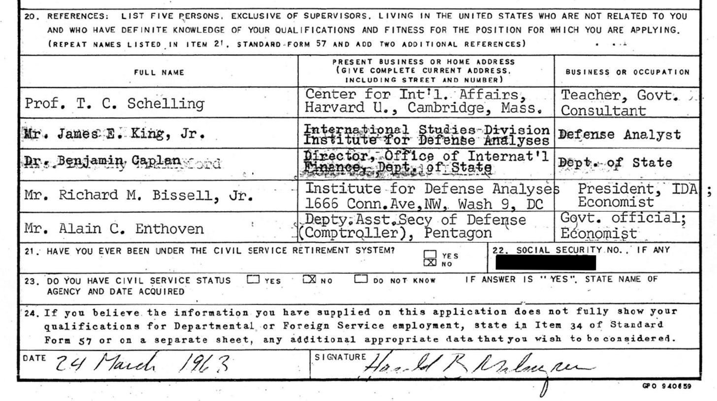 By 24 March 1963, Malmgren would list Schelling (Yale, RAND, IDA), King (Q-cleared head of IDA International Studies Division), Caplan (Director of the Office of International Finance and Economic Analysis at the U.S. Department of State), Bissell (CIA, President of IDA), and Enthoven (Deputy Assistant to the Secretary of Defense [then McNamara] and fellow Whiz Kid) as work references, all of whom had, “definite knowledge of [Malmgren’s] qualifications and fitness.”