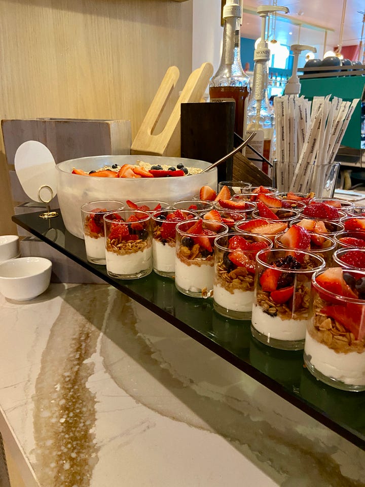 breakfast - protein & hot food, french toast & fruits, granolas & miso soup station