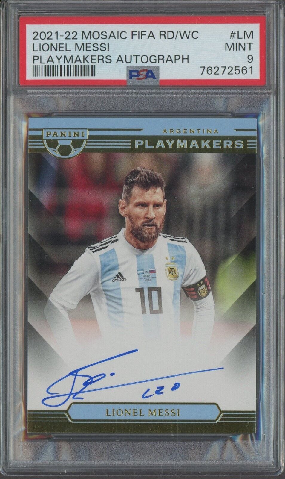 2021-22 Panini Mosaic Soccer Playmakers Lionel Messi Signed ON CARD AUTO PSA 9 - Picture 1 of 2
