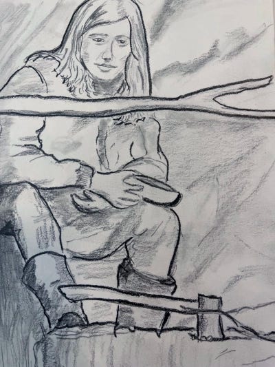 A greyscale image of a figure in the woods enjoying a cup after their hard work.