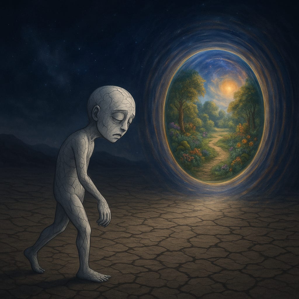 Surreal illustration of a cracked, weary humanoid figure walking across barren ground with eyes closed, symbolising a sleepwalker. To the side, a glowing circular portal reveals a lush, sunlit forest path leading into a vibrant, living world, contrasting with the desolation outside.
