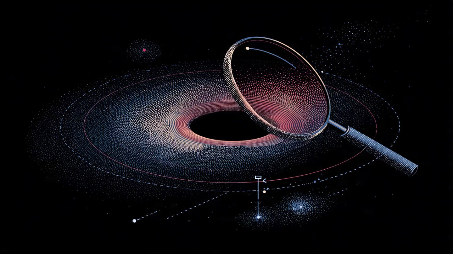 a universal magnifying glass trying to examine what's inside a black hole, projecting dotted lines as attempts to measure perimeters
