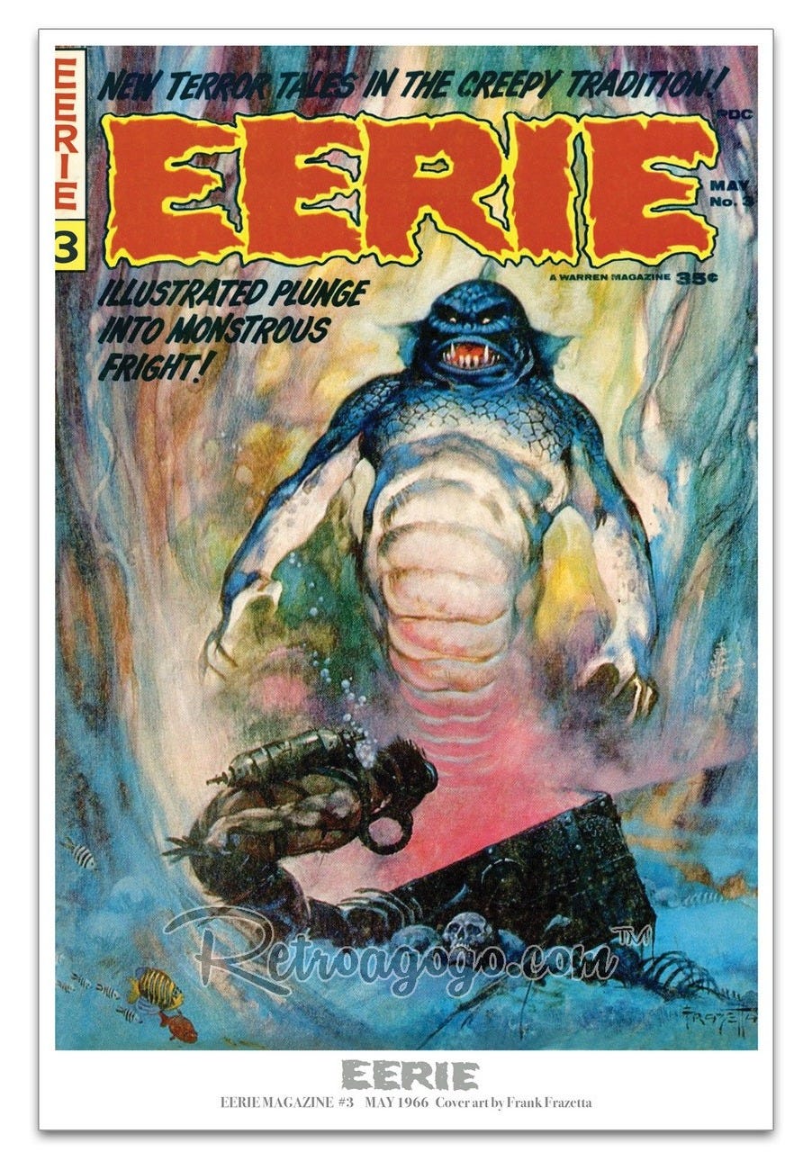 May be an image of text that says "SINTHE የማበ E TEK 3 LUSTRATEDPLUNGE LUSTRATED PLUNGE STROUS WARREN MAGAZI Retroagogo.com troagog EERIE IRNLNIGCZINE=M16 EERIEMAGAZINE #3 MAY 1966 Coverartby CoverartbyFraukFrazeta Frank"