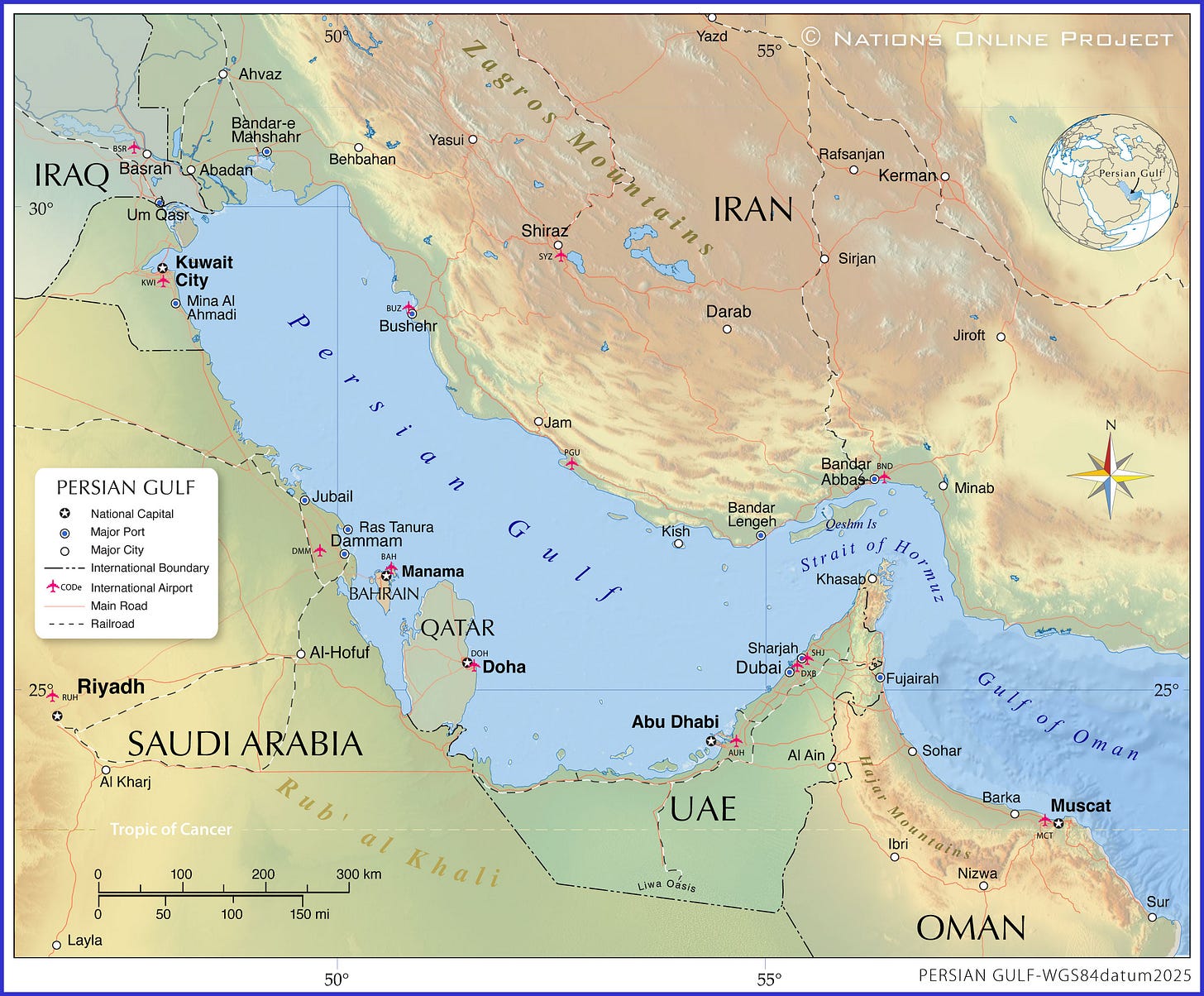 Map of the Persian Gulf with countries and ports.