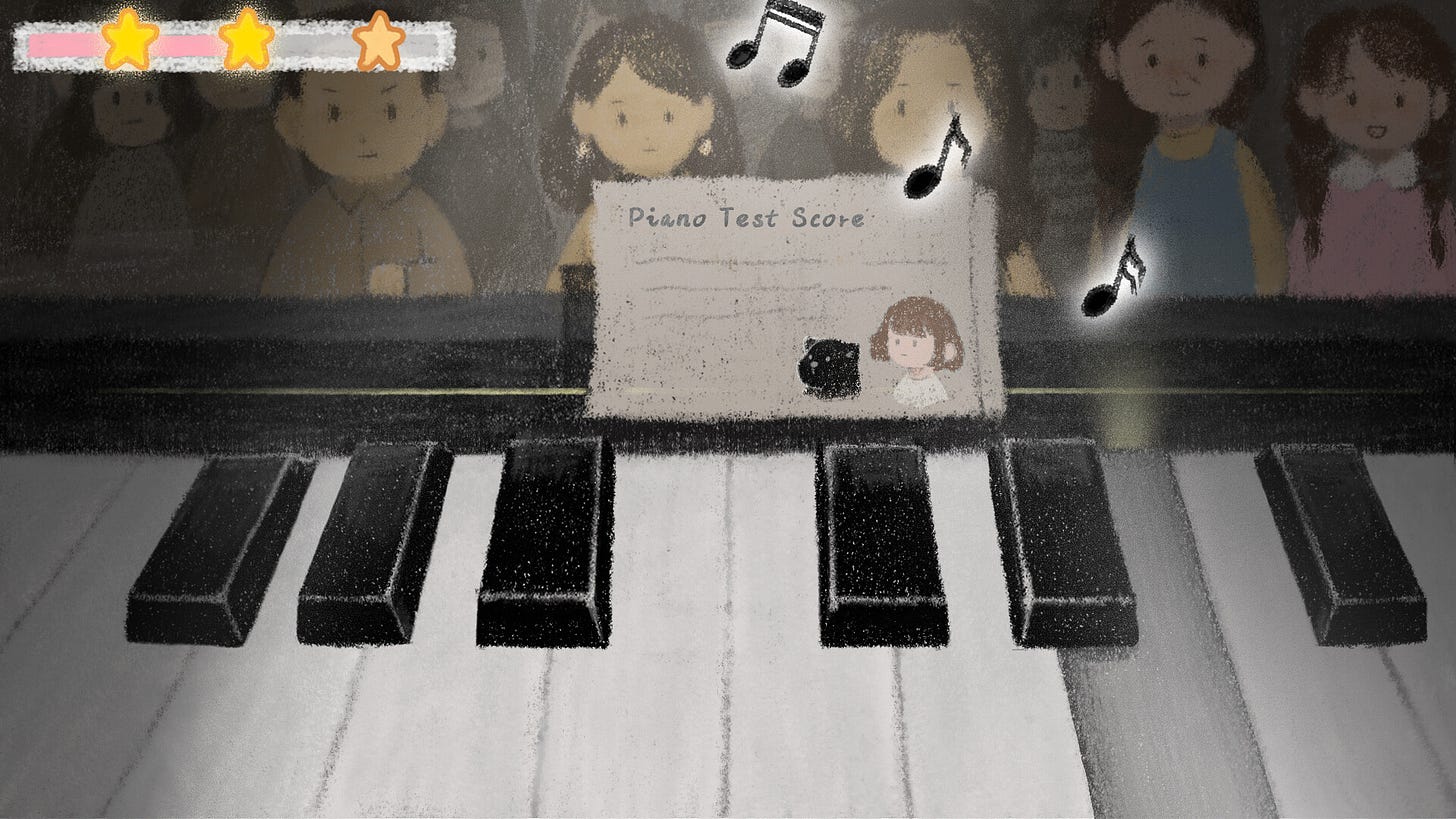 Anxiety Puppy screenshot of a piano, with a sheet of music on top saying "Piano Test Score". There is a large audience of people watching. 