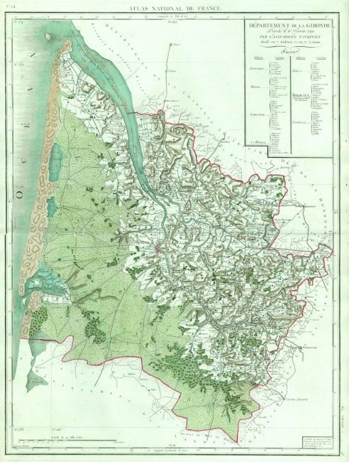 Carte ancienne représentant la Gironde, très verte et riche en zones humides.