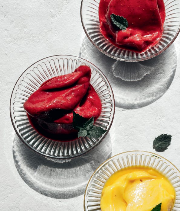 Left photo is a bowl with a chicken masala next to a folded naan bread. On the right we have three bowls with sorbet. Two of the bowls are only half in the photo. The center one is a beautiful red fuschia.