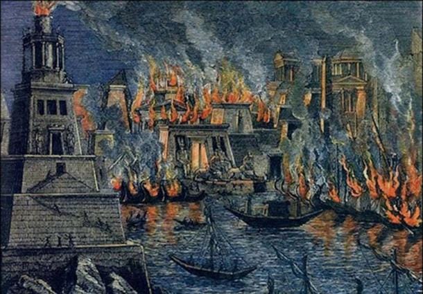 ‘The Burning of the Library of Alexandria’, by Hermann Goll (1876). ‘The Burning of the Library of Alexandria’, by Hermann Goll (1876).