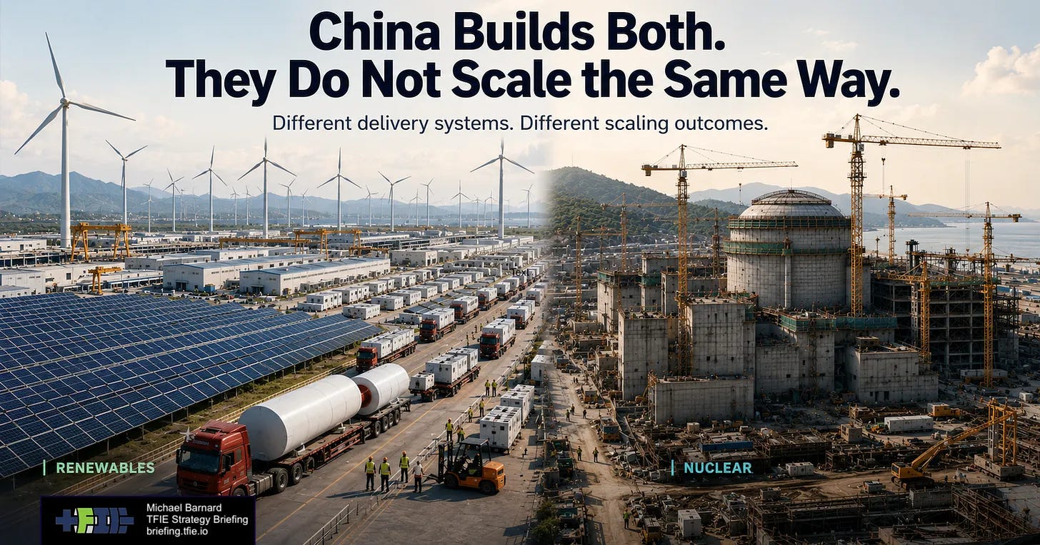 Wide split image of Chinese wind and solar manufacturing and installation beside a large nuclear reactor construction site. Wide split image of Chinese wind and solar manufacturing and installation beside a large nuclear reactor construction site.