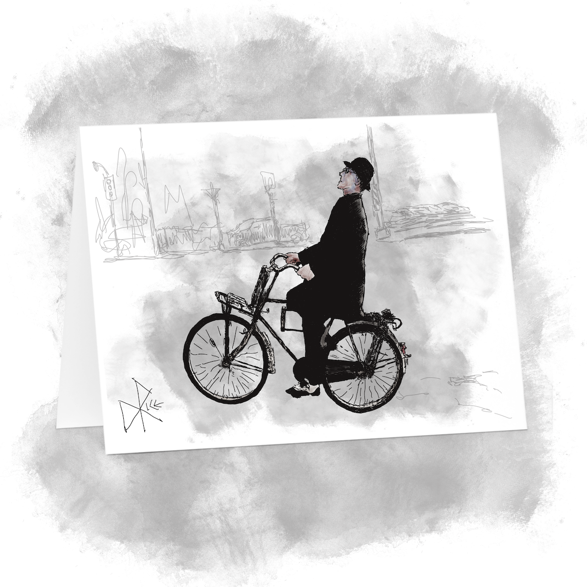 A well dressed bespectacled man, in a suit and bowler hat, on his bike. Ride on dude! Sketch art by Don Rice.