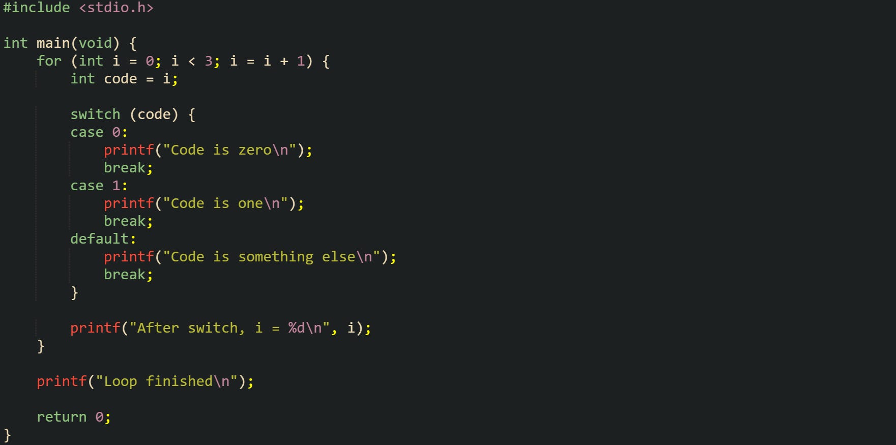 #include <stdio.h> int main(void) { for (int i = 0; i < 3; i = i + 1) { int code = i; switch (code) { case 0: printf("Code is zero\n"); break; case 1: printf("Code is one\n"); break; default: printf("Code is something else\n"); break; } printf("After switch, i = %d\n", i); } printf("Loop finished\n"); return 0; } #include <stdio.h> int main(void) { for (int i = 0; i < 3; i = i + 1) { int code = i; switch (code) { case 0: printf("Code is zero\n"); break; case 1: printf("Code is one\n"); break; default: printf("Code is something else\n"); break; } printf("After switch, i = %d\n", i); } printf("Loop finished\n"); return 0; }