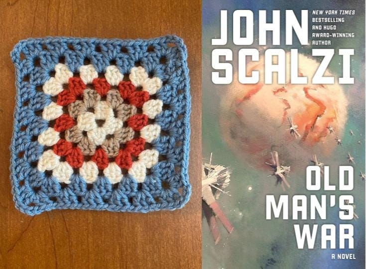 A crochet granny square and book cover