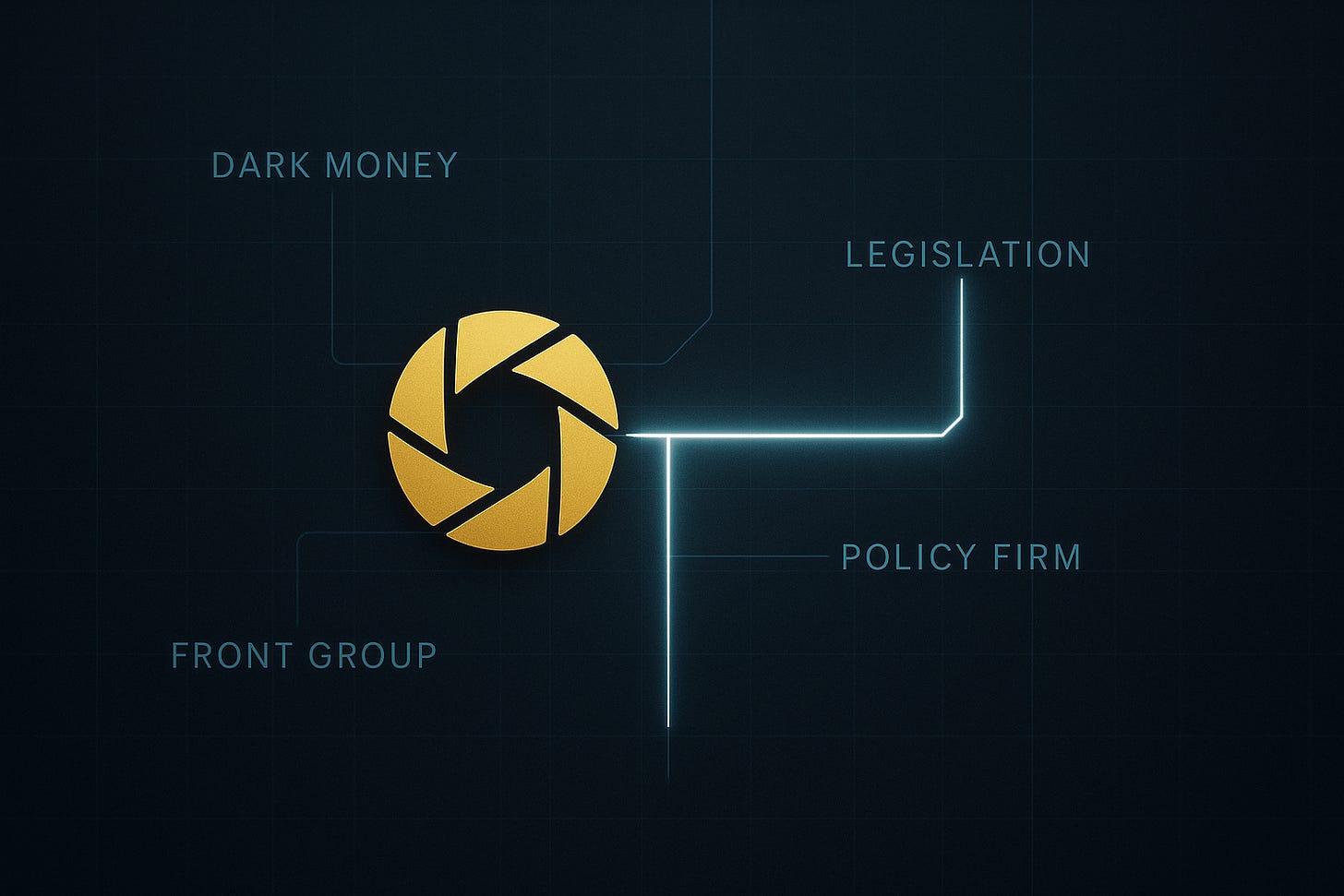 Diagram illustrating connections between “dark money,” “front group,” “policy firm,” and “legislation,” centered around a gold aperture logo. Visual metaphor for tracing hidden financial and political influence networks. No real people depicted.