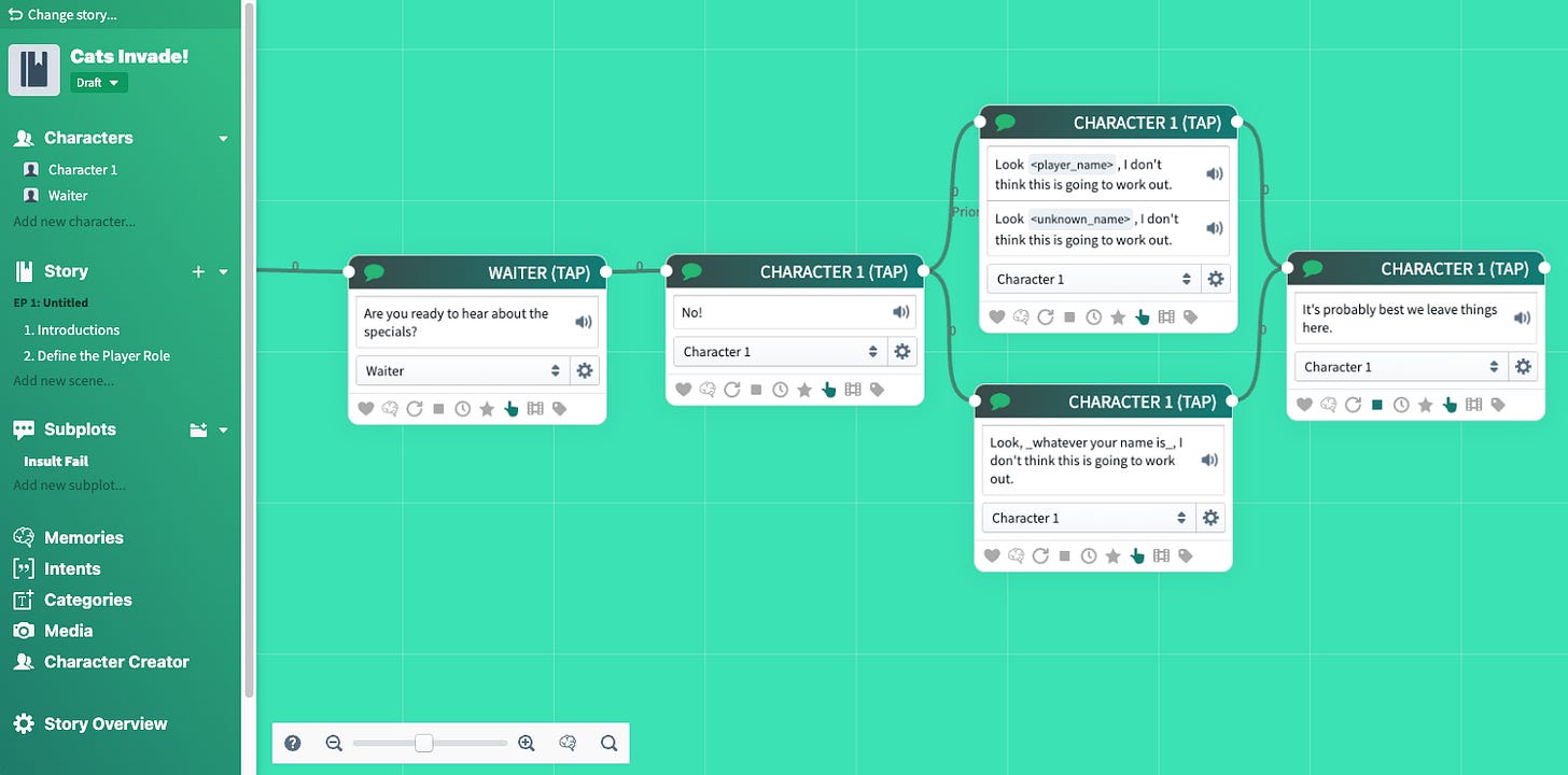 Screen cap of UI for charisma.ai