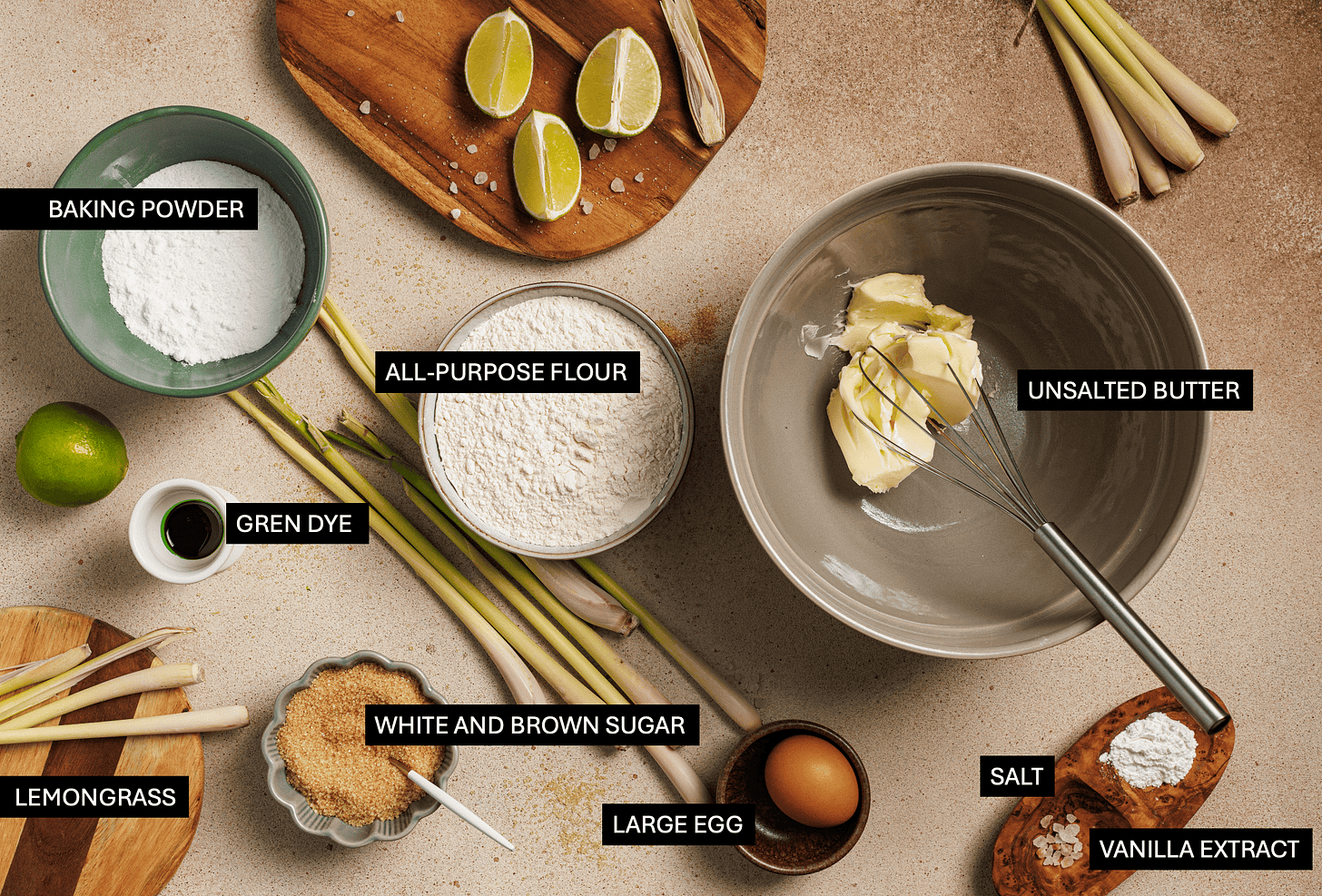 Lemongrass cookies recipe with complete ingredients: baking powder, flour, lemongrass, butter, eggs, brown sugar, and white sugar 