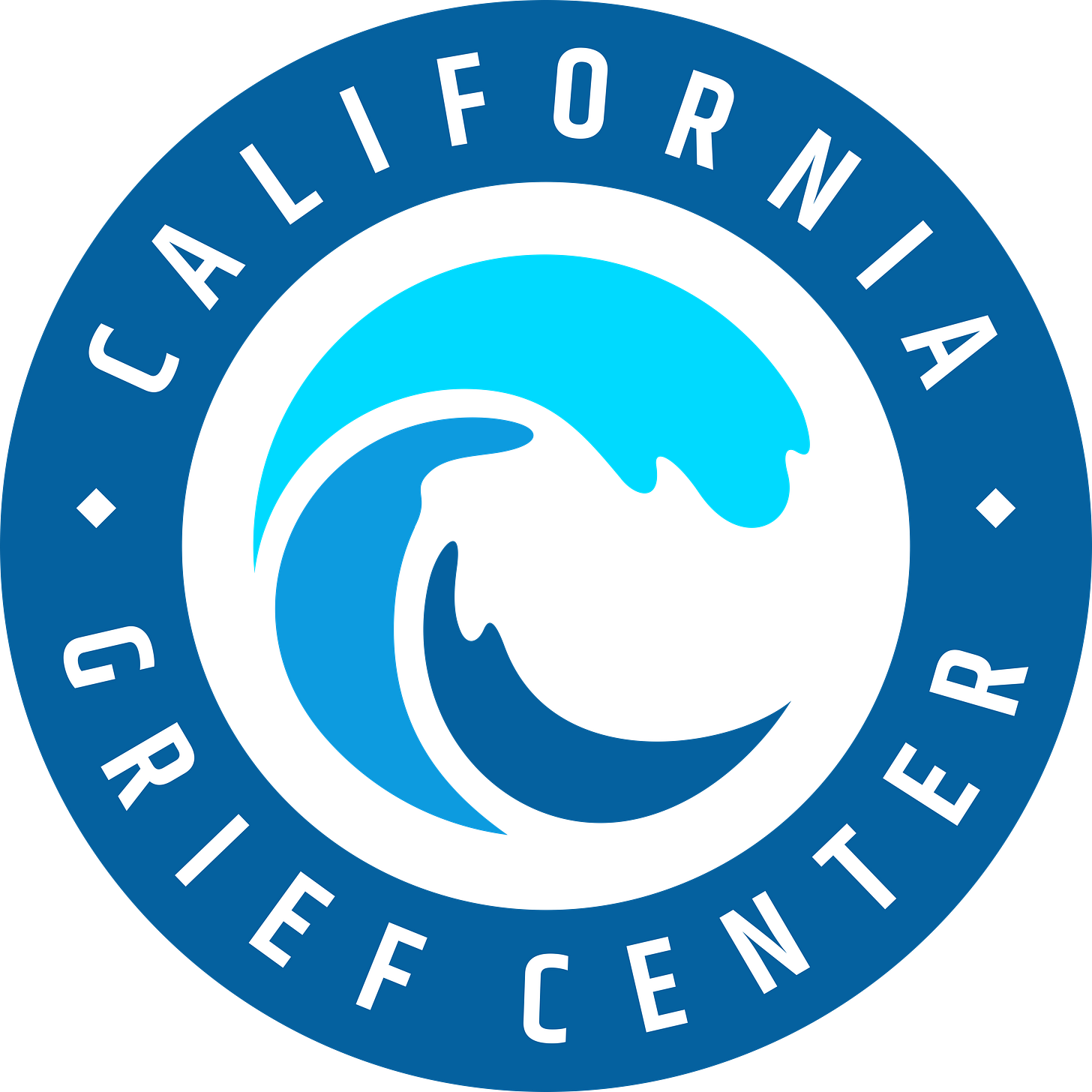 “Circular logo for the California Grief Center featuring two stylized ocean waves in shades of blue, surrounded by a darker blue ring with the words ‘California Grief Center’ in white capital letters.”