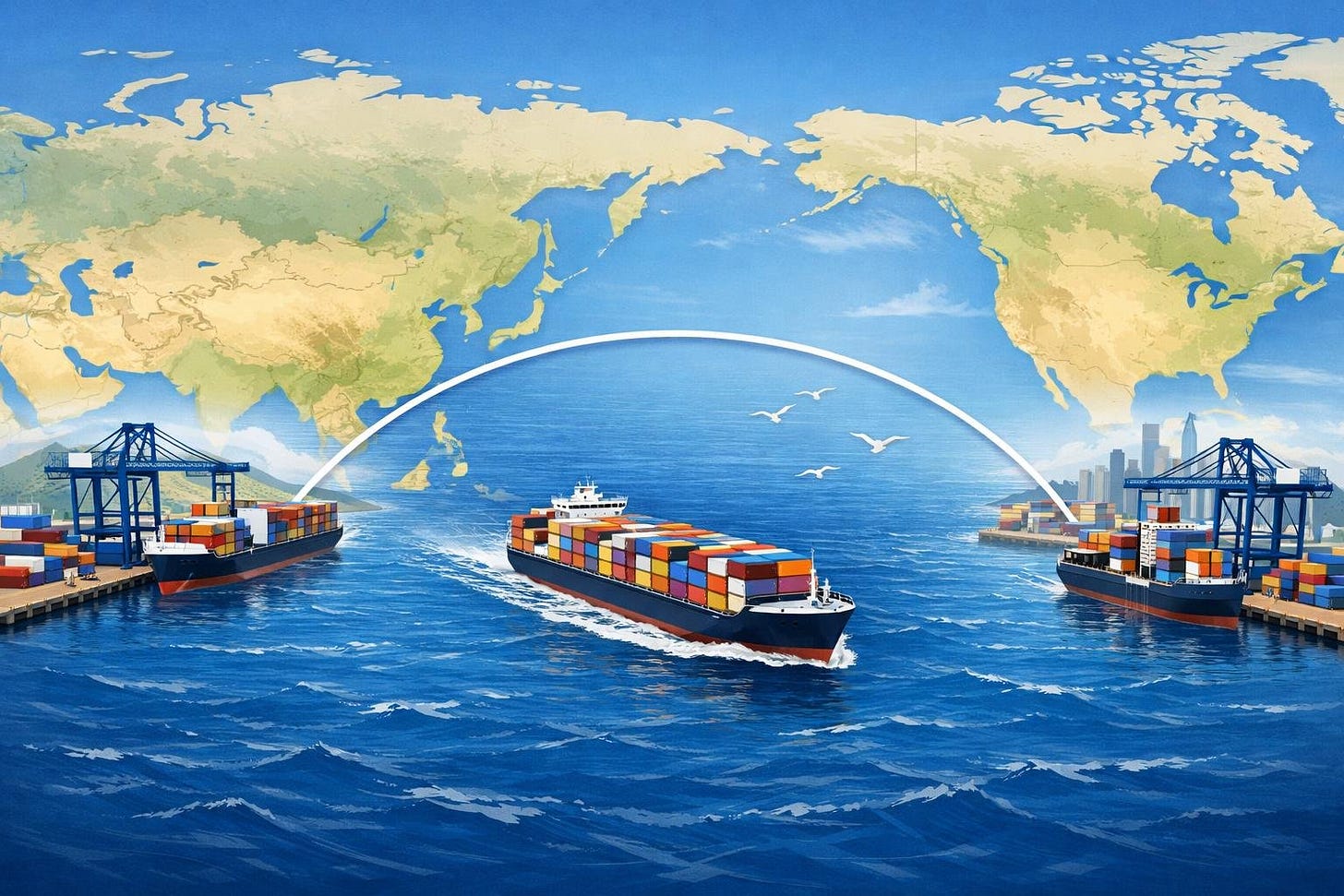 A cargo ship sailing across the ocean between the ports of Ningbo, China and New York, USA, with a world map background showing the shipping route.