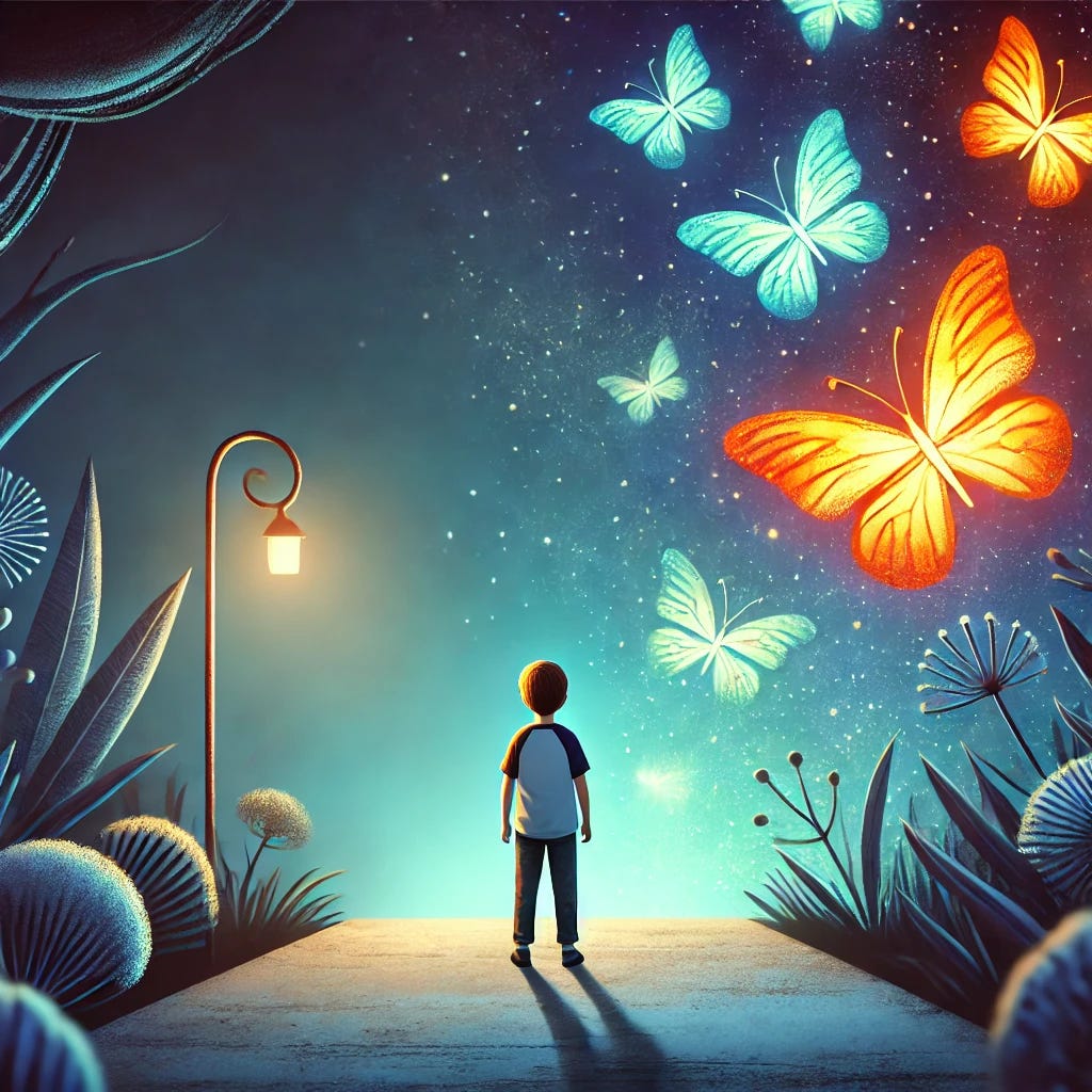 A boy standing at the edge of his comfort zone, looking out towards an unknown path. Behind him is a familiar, safe environment—soft light, cozy surroundings—while ahead, the path is filled with vibrant, swirling butterflies glowing in the air, symbolizing fear and growth. The boy looks uncertain yet curious, taking a small step forward. The atmosphere ahead is mysterious but filled with promise, as the butterflies light up the way. The scene symbolizes the contrast between safety and the excitement of stepping into the unknown.