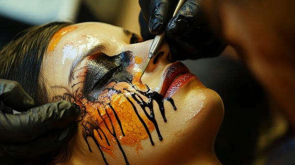 A close-up photo of a tattoo master's hand with a needle, working on a woman's facial tattoo with yellow and black ink. The intricate design takes shape under the expert guidance of the artist, showcasing the precision and skill involved in creating a beautiful facial tattoo. The contrasting yellow and black colors highlight the details of the artwork. A close-up photo of a tattoo master's hand with a needle, working on a woman's facial tattoo with yellow and black ink. The intricate design takes shape under the expert guidance of the artist, showcasing the precision and skill involved in creating a beautiful facial tattoo. The contrasting yellow and black colors highlight the details of the artwork.