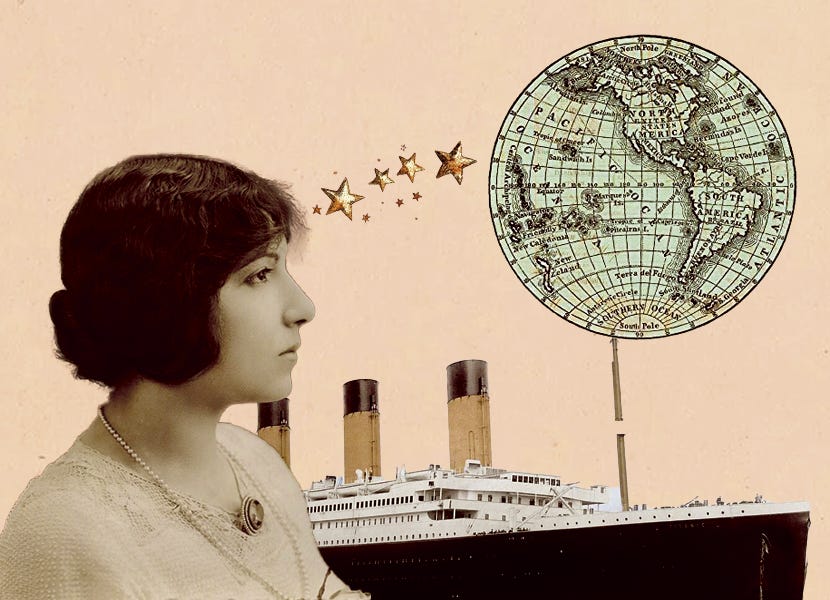 colagem com uma foto antiga de uma mulher branca, de cabelos curtos e escuros. estrelas douradas, um desenho antigo de um mapa múndi e o navio titanic ao fundo colagem com uma foto antiga de uma mulher branca, de cabelos curtos e escuros. estrelas douradas, um desenho antigo de um mapa múndi e o navio titanic ao fundo