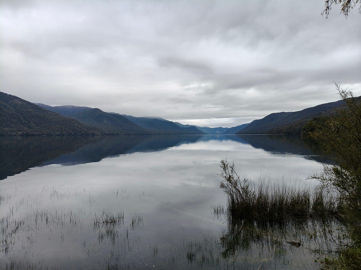 A bridge over a side creek, an orange DOC marker shows the way, Rotoroa shortly after dawn, the wood burner during a lit period at West Sabine Hut