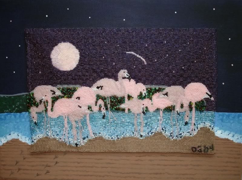 beaded painting Flamingo Moon The Lone Beader bead embroidery acrylics Duxbury Art Association By The Sea Shore art exhibition beaded painting Flamingo Moon The Lone Beader bead embroidery acrylics Duxbury Art Association By The Sea Shore art exhibition