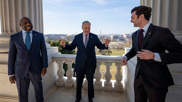 Senator Schumer talks with Senator Reverend Warnock and Senator Ossoff about the American Rescue Plan.