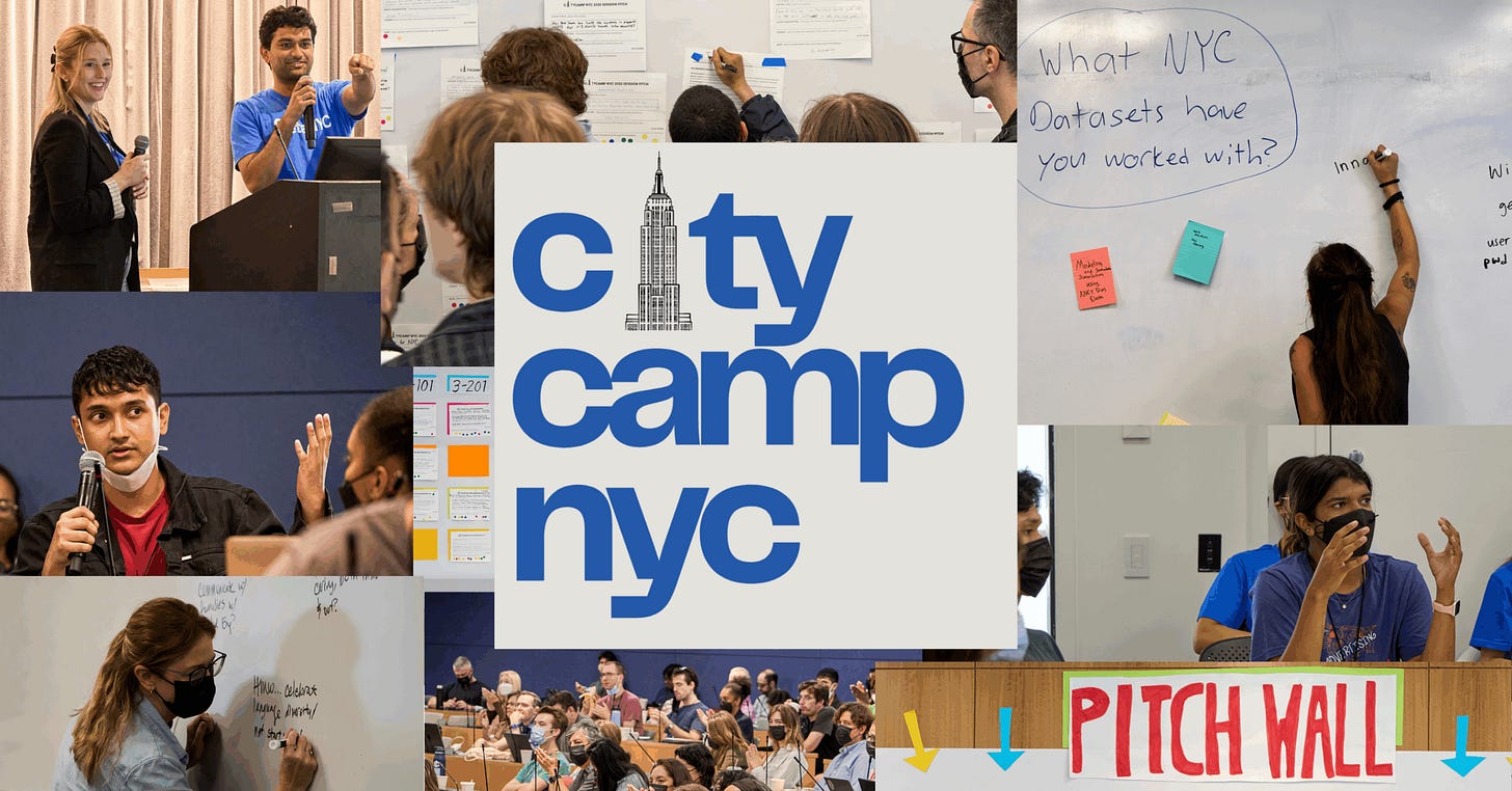 A collage of images from CityCamp NYC featuring volunteers and attendees enaged in dialogue throughout classrooms A collage of images from CityCamp NYC featuring volunteers and attendees enaged in dialogue throughout classrooms