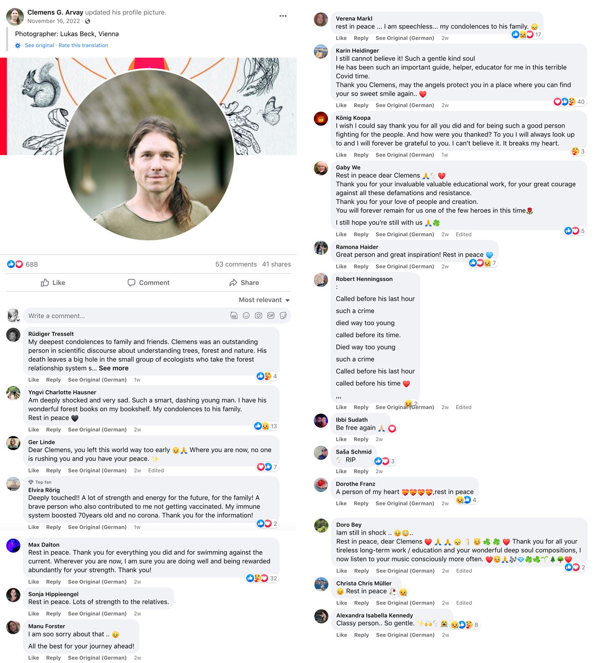 Clemens Arvay Facebook Post Condolences Clemens Arvay Facebook Post Condolences