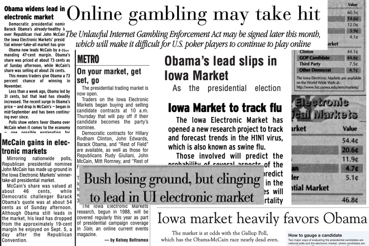 Clippings from the Daily Iowan archives about the IEM market. Clippings from the Daily Iowan archives about the IEM market.