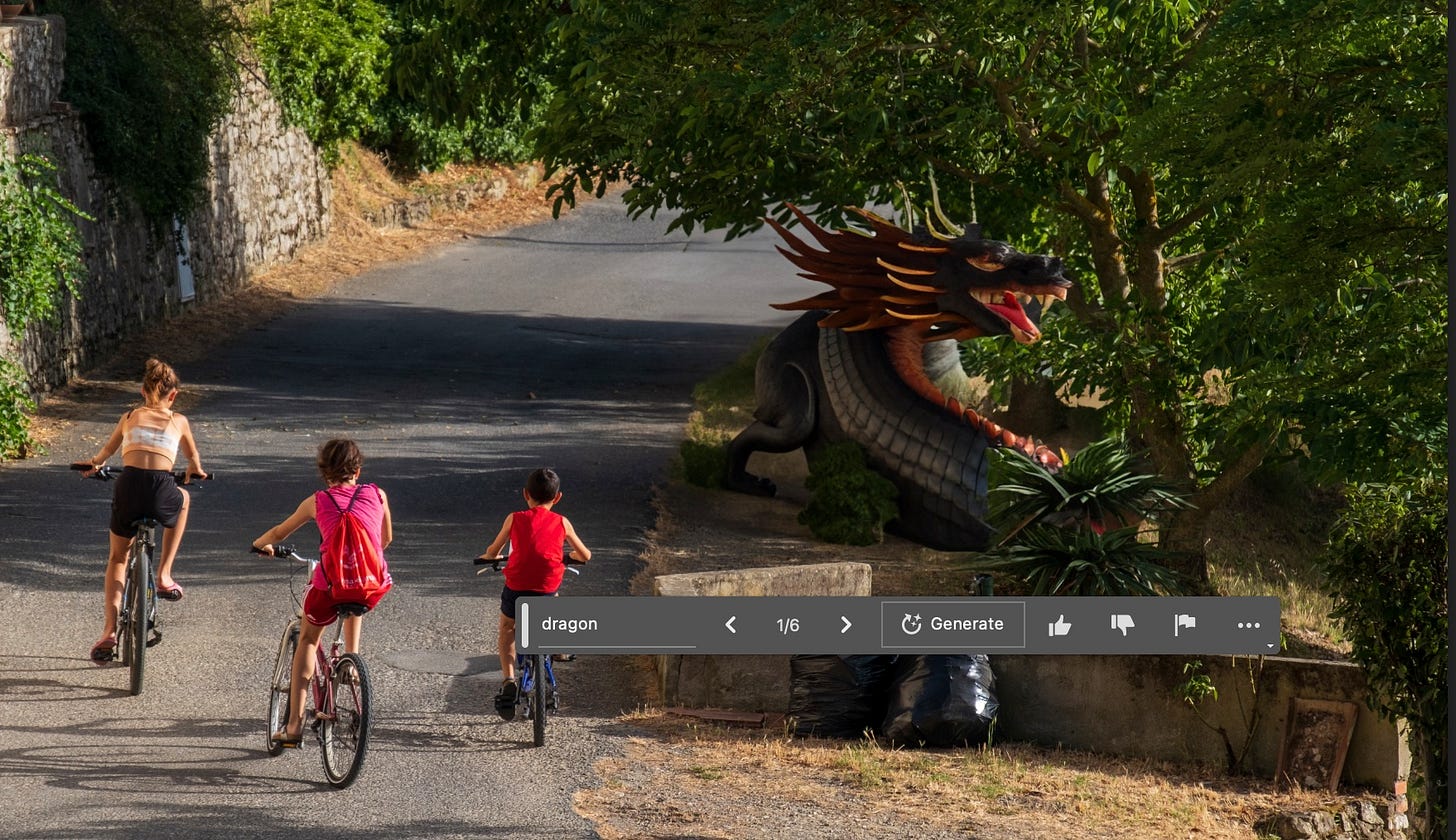 Photo of three children on bicycles on an Italian country rode, with an AI-generated dragon at the side of the road.